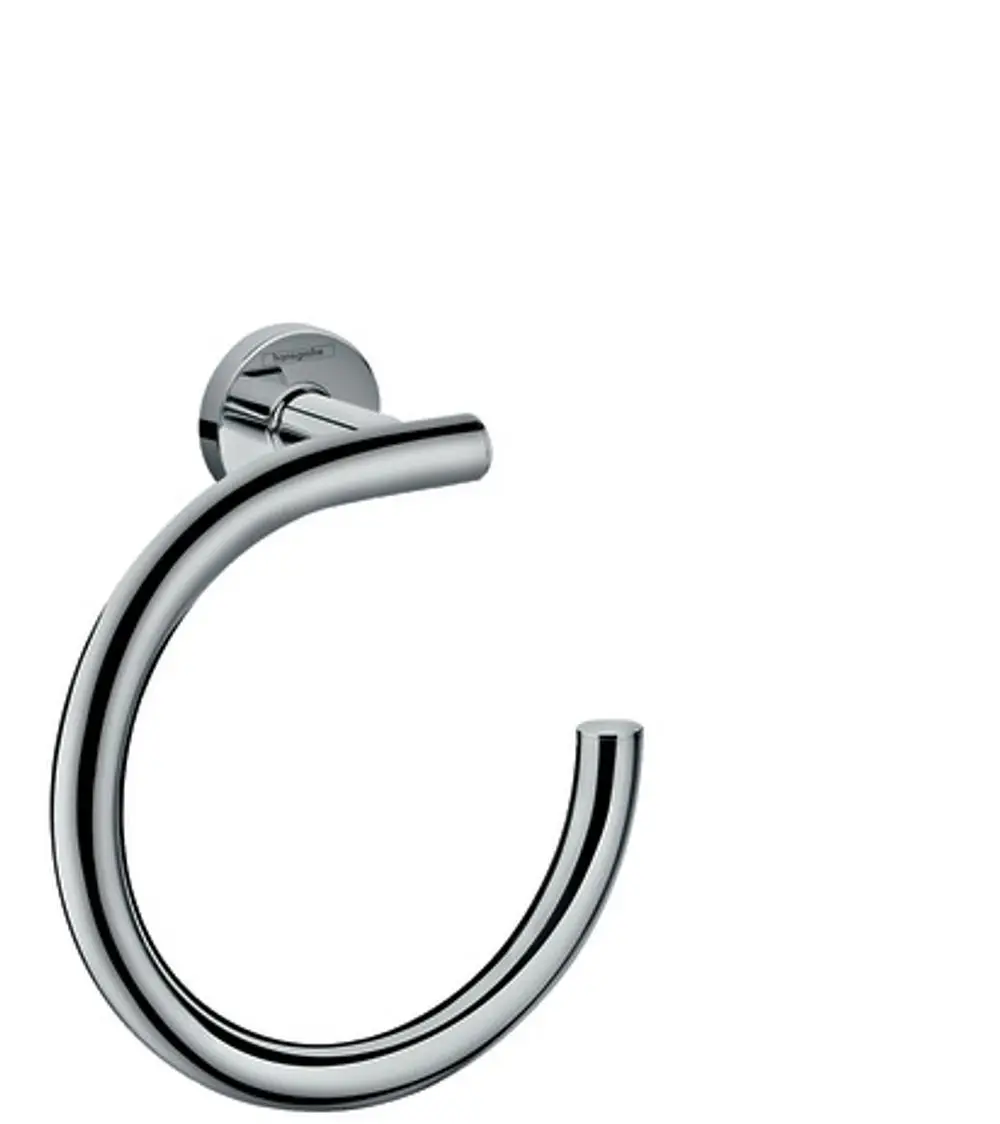 Chromfarbener Handtuchring von Hansgrohe, montiert an einer Wand. Das Design ist schlicht und modern, geeignet für Bad- und Gästezimmer.